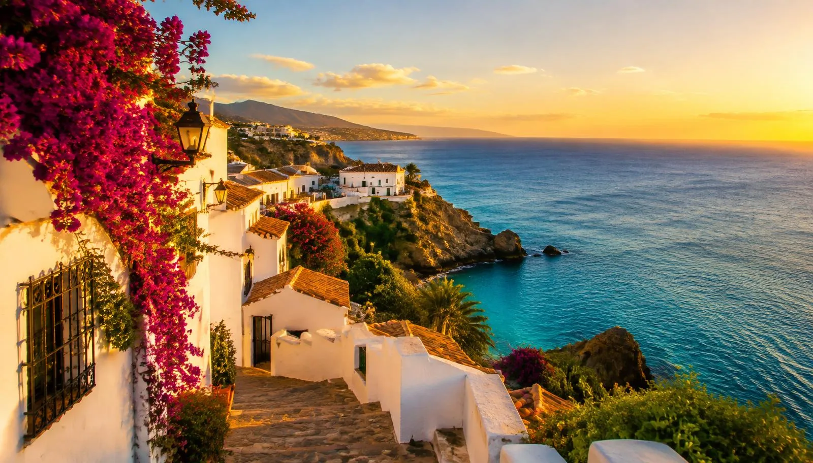 Weißes andalusisches Küstendorf mit Bougainvillea am Mittelmeer